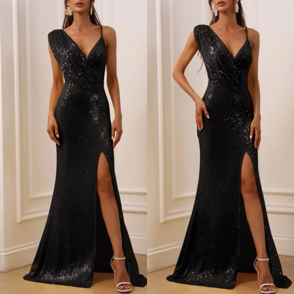 Luxe slit thigh party sequinsdress